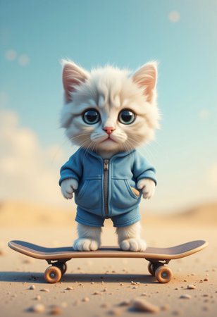 Fantasy cartoon kitten balancing on skateboard at sunset.の素材
