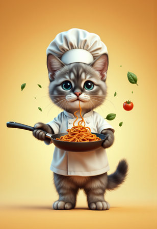 Cute cat chef holding frying pan with spaghetti pasta.の素材