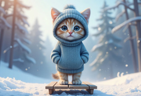 Cute fluffy kitten in winter forest with hoodie.の素材