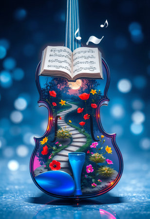 Enchanted violin glowing with moonlight and red flowers.の素材