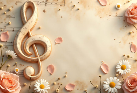 Abstract musical background with treble clef and flowers.の素材
