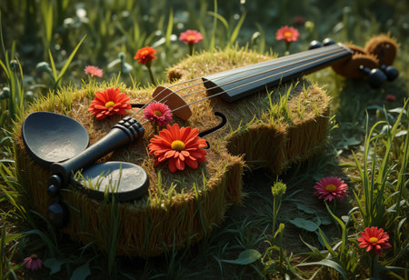 Artistic violin made of grass with red flowers.の素材