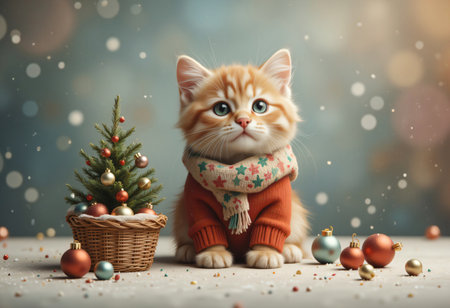 Christmas card with cute kitten and Christmas tree.の素材