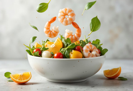 Delicious gourmet shrimp salad with boiled eggs and herbs.の素材