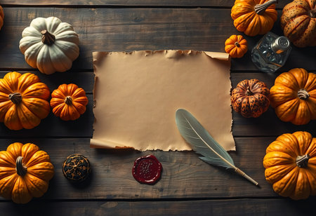 Halloween pumpkins parchment with feather ink and candle on wooden table.の素材