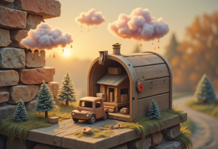 Fantasy scene with blue mailbox and glowing sunset.の素材