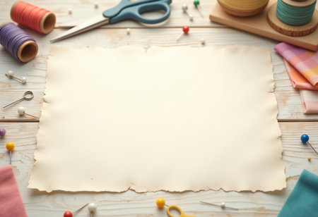 Vintage sewing background with empty paper scroll.の素材