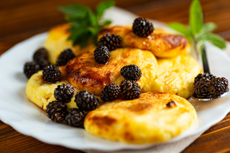 Golden cottage cheese fritters with sweet jam.の写真素材