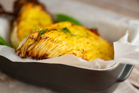 Hot baked cabbage served in tray with fresh herbs.の写真素材
