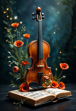 Colorful melody flowing from violin with open book.の素材