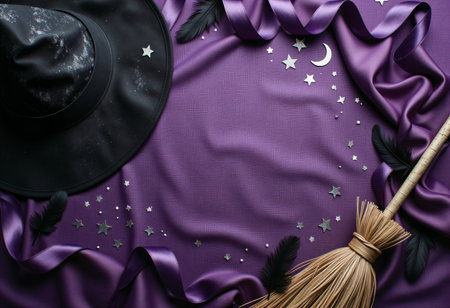 Scary witchcraft decorations with broom hat and feathers on violet textile.の素材