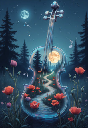 Moonlight melody flowing through a magical violin forest.の素材