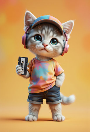 A teenage kitten wearing headphones and a retro tape recorder.の素材