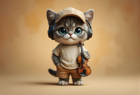 A modern musician kitten plays the violin.の素材