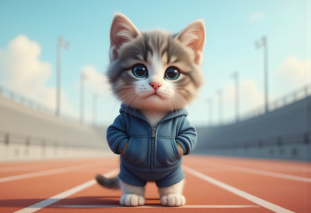 Cute sporty kitten in blue outfit on stadium track.の素材