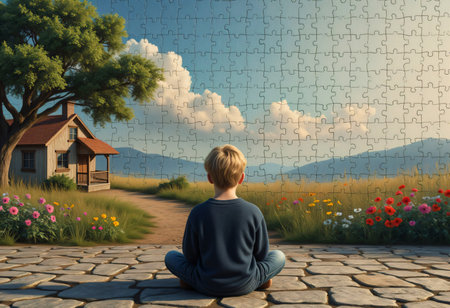 Young man sitting near half completed nature puzzle scene.の素材