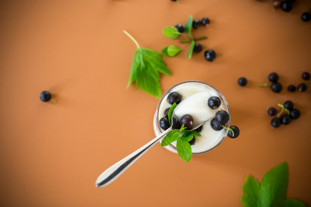 Creamy blackcurrant dessert on brown background.の写真素材