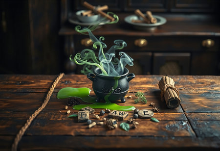 Halloween cauldron with green magic potion and steam.の素材