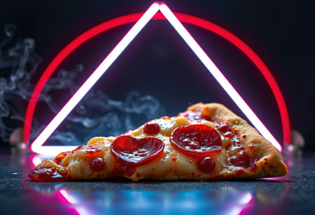 Pizza with tomatoes and basil in a dynamic food style.の素材