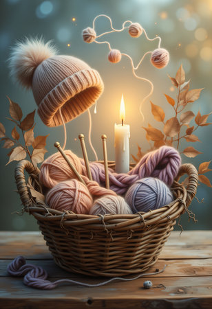 Handcrafted basket of colorful wool yarn with candlelight.の素材