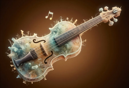 abstract image of violin with notes on brown background.の素材