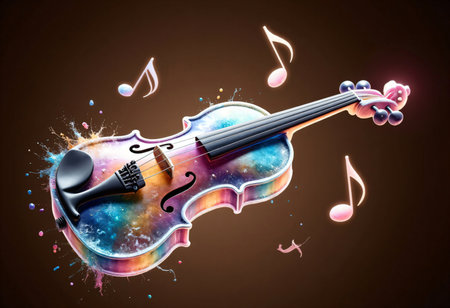 abstract image of violin with notes on brown background.の素材