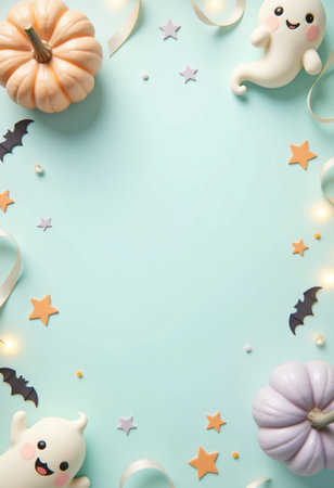 Pastel blue background and colorful Halloween decor with ghosts and pumpkins.の素材