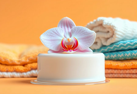Minimal spa scene with bar soap and orchids.の素材