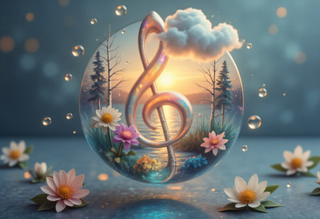 abstract background with musical symbol, treble clef and flowers.の素材