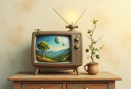 Old style television with world environment and flowers.の素材