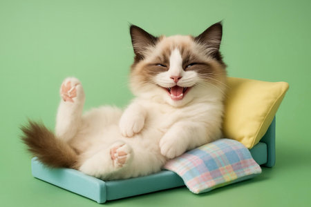 Cute kitty lying in bed on green background.の素材