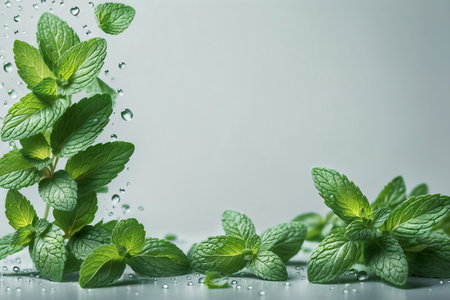 Mint in a bunch from above on a cold-toned background.の素材