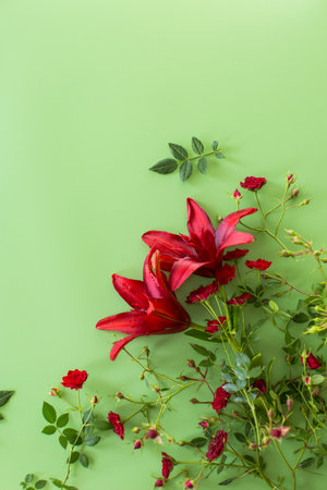 Close up of red lilies with red roses on green background.の写真素材