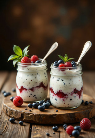 Creamy yogurt parfait jars layered with berry compote and mint.の素材