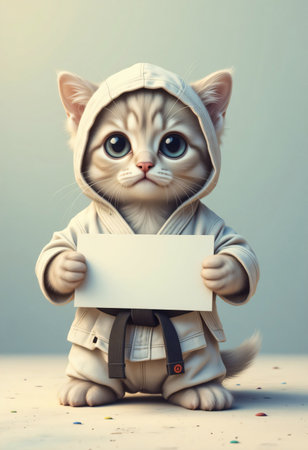 Cute kitten in kimono holds blank sign for text.の素材