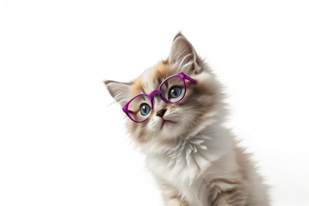 close up portrait of cute kitten wearing glasses.の素材