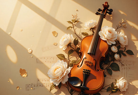 Elegant violin surrounded by romantic white flowers.の素材