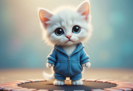 Cartoon kitten dressed in sportswear on athletic stadium.の素材