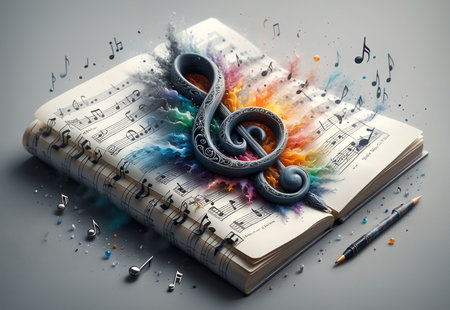 abstract background with notes and treble clef, music background.の素材