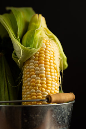 unhusked corn cob with fresh fibers on black background.