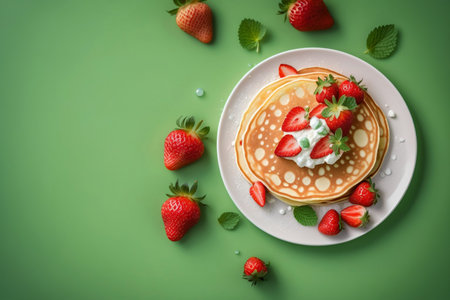 Pancakes with tender cottage cheese and fresh strawberries.の素材