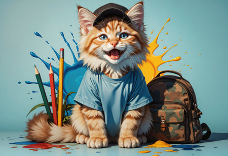 Fluffy kitten in cap with skateboard and pencils splashing color.の素材