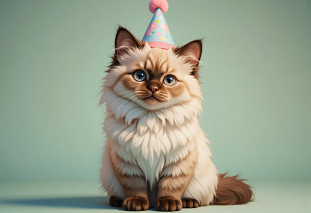 Birthday kitten in pastel party hat with sparkling confetti.の素材