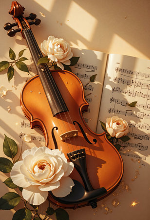 Classical wooden violin with blooming white roses.の素材