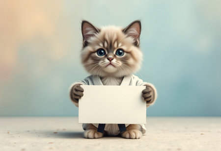 Funny character kitten in judo uniform with blank banner.の素材