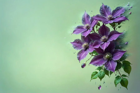 delicate purple clematis from above on plain background.の素材