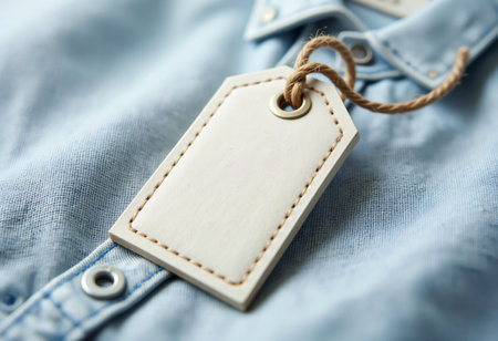 Blank tag on blue fabric with string.の素材