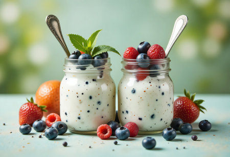 Healthy yogurt parfait topped with blueberries raspberries and mint leaves.の素材
