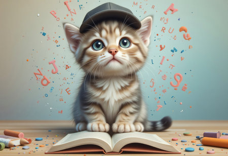 Cute blue eyed student kitten reading an open book.の素材