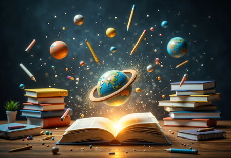 Colorful pencils orbit a radiant globe above books.の素材